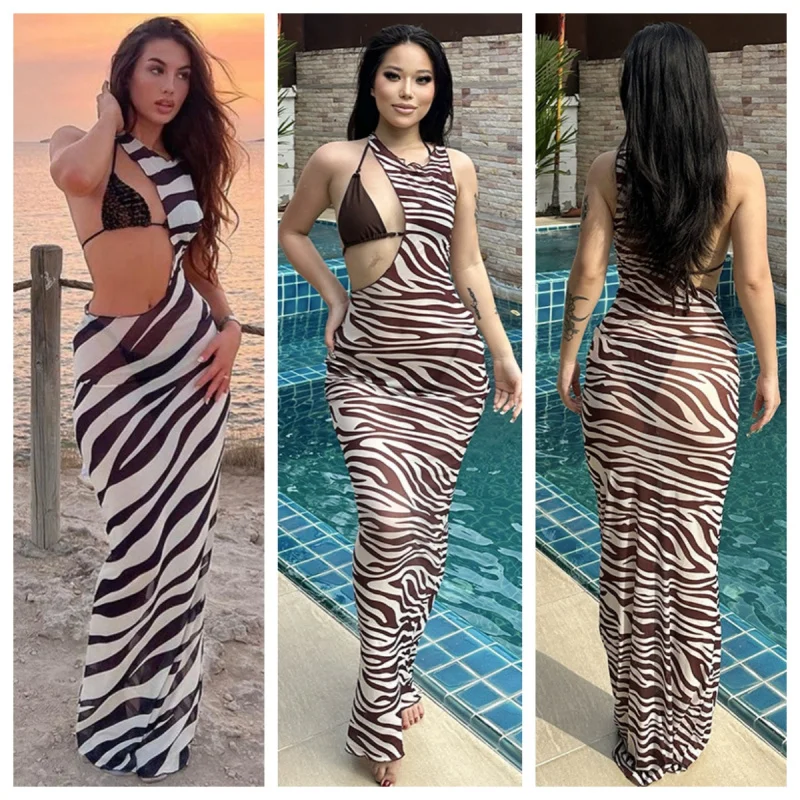 Langes Strandkleid mit Zebramuster für Damen – Sexy transparentes Mesh-Maxi-Überzug, figurbetontes Sommerurlaubskleid mit gestreiftem Ausschnitt