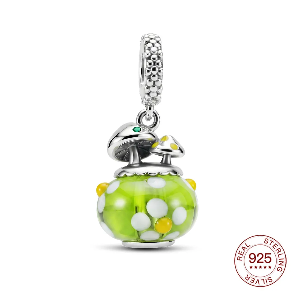 925 Sterling Silver Charm Green Flower Glass Mushroom Pendant Fits Original Bracelets Summer Graduation Jewelry Gifts For Women