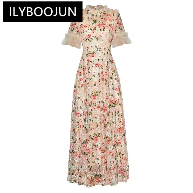 

ILYBOOJUN Fashion Designer Summer Women's Dress Bohemian Elegant Floral Sequins Net Yarn Ruffles Temperament Princess Dresses