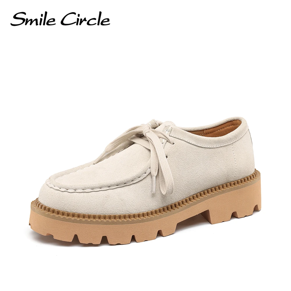 Smile Circle Suede Derby Shoes Women Lace-up Round Toe Flat Platform Shoes Fashion Casual Shoes Women\'s Loafers