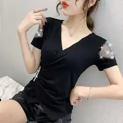 #7118 Black White Red Asymmetrical T Shirt Women V Neck Sexy Short T-shirt Female Spliced Mesh Diamonds Streetwear Tshirt Summer