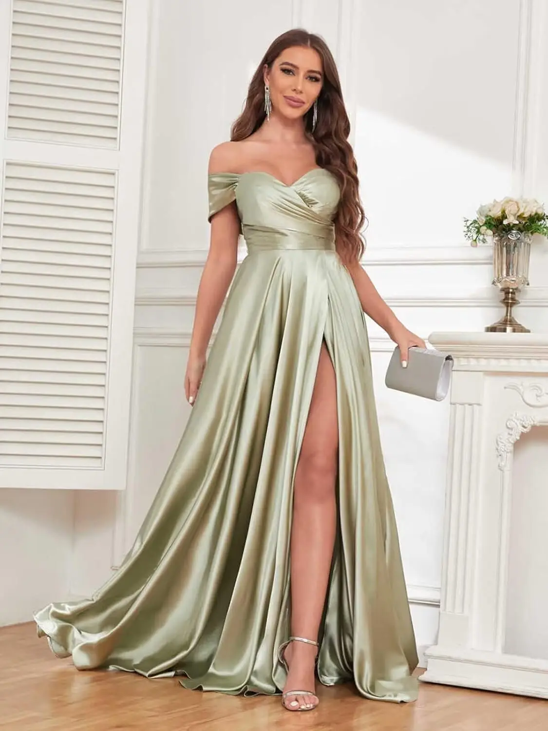 Vestido de baile de cetim longo fora do ombro vestidos de dama de honra para mulheres com fenda plissado vestido formal vestidos de festa vestido de luxo