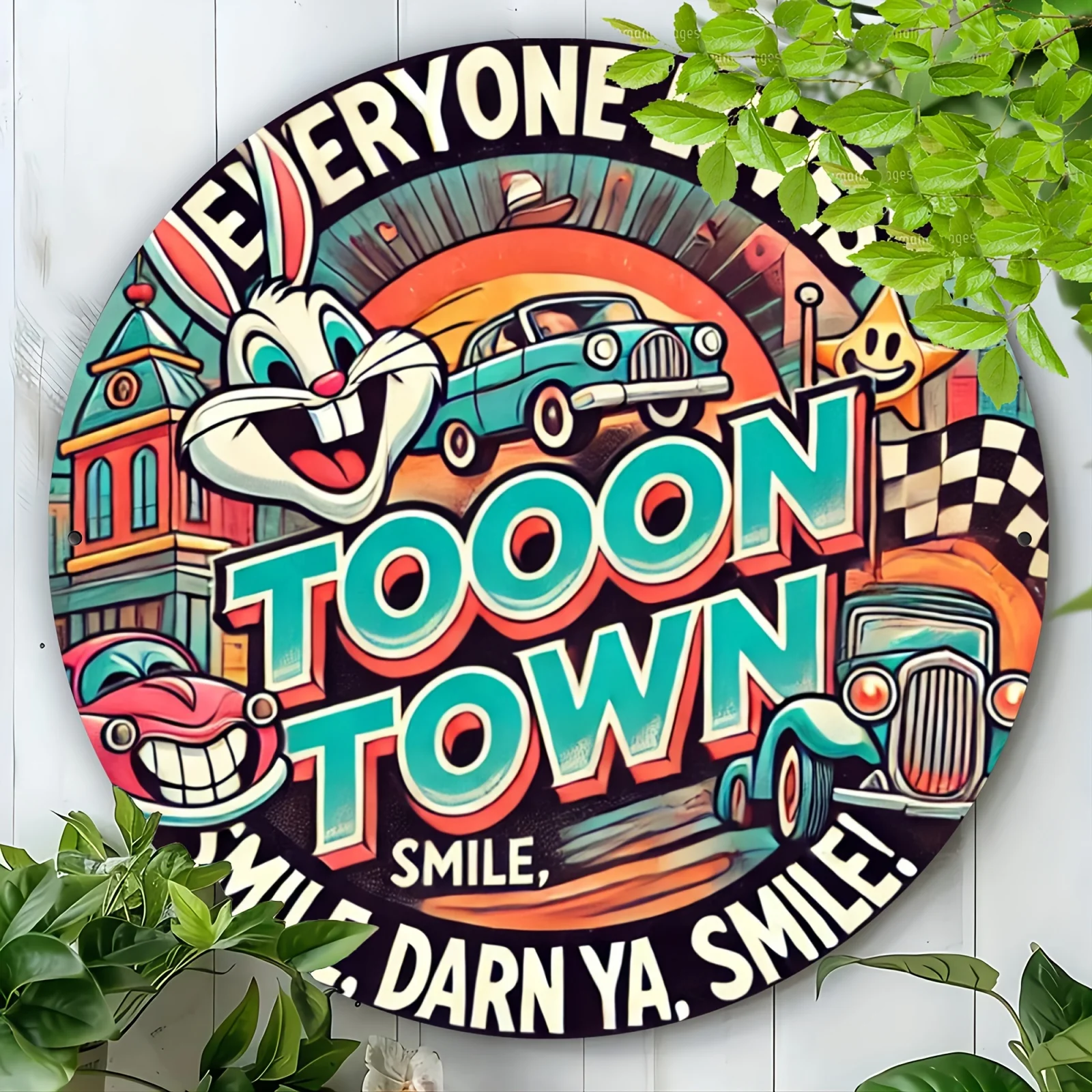 Vintage Toontown Aluminum Wall Art Sign | 20.32x20.32cm Round Metal Decor with Retro Cars & Checkered Flags | Multi-Color, Durab