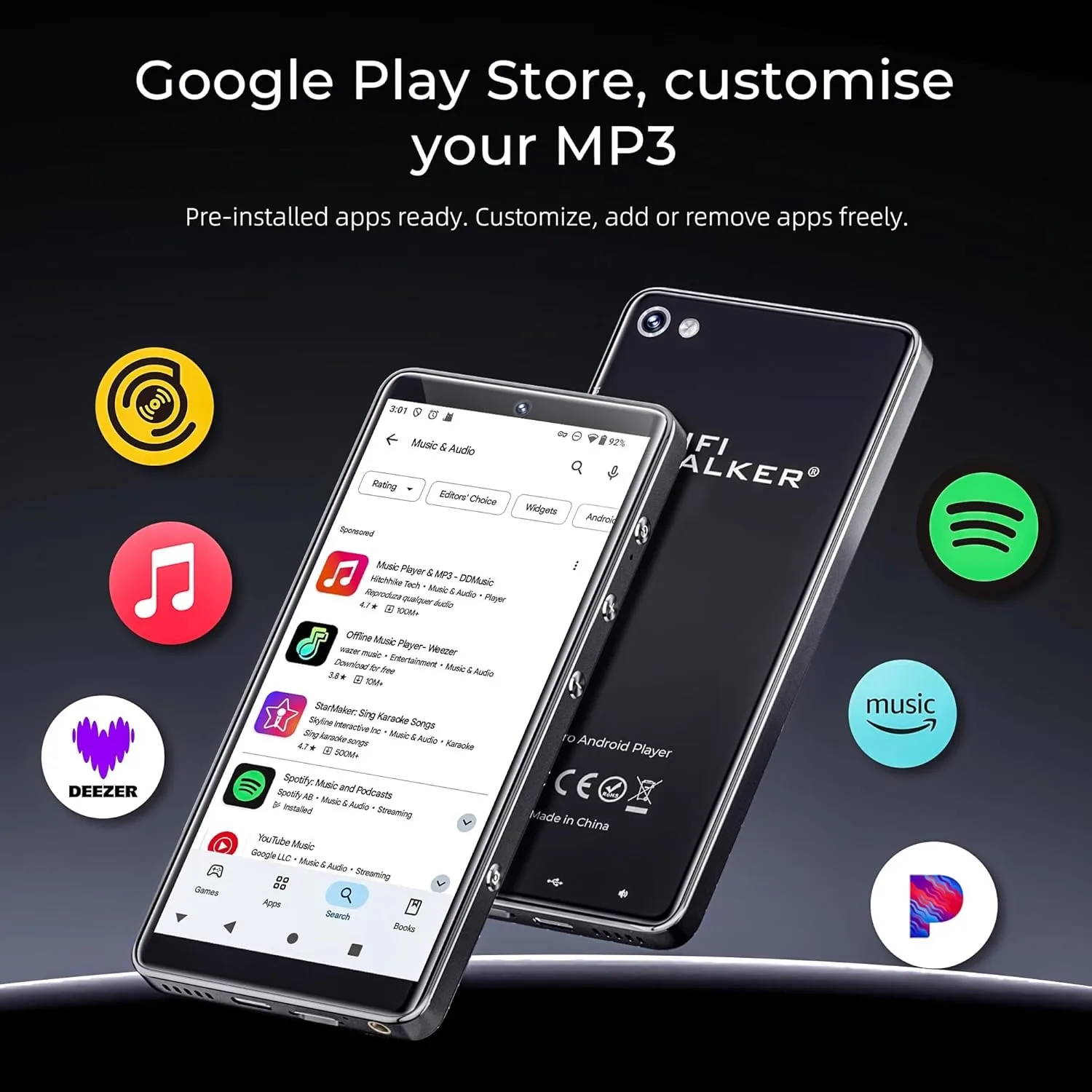 Lettore musicale MP3 HiFi portatile con Bluetooth, suono senza perdita, radio FM, touchscreen da 5,2", altoparlante incorporato, memorizzazione espandibile da 128 GB