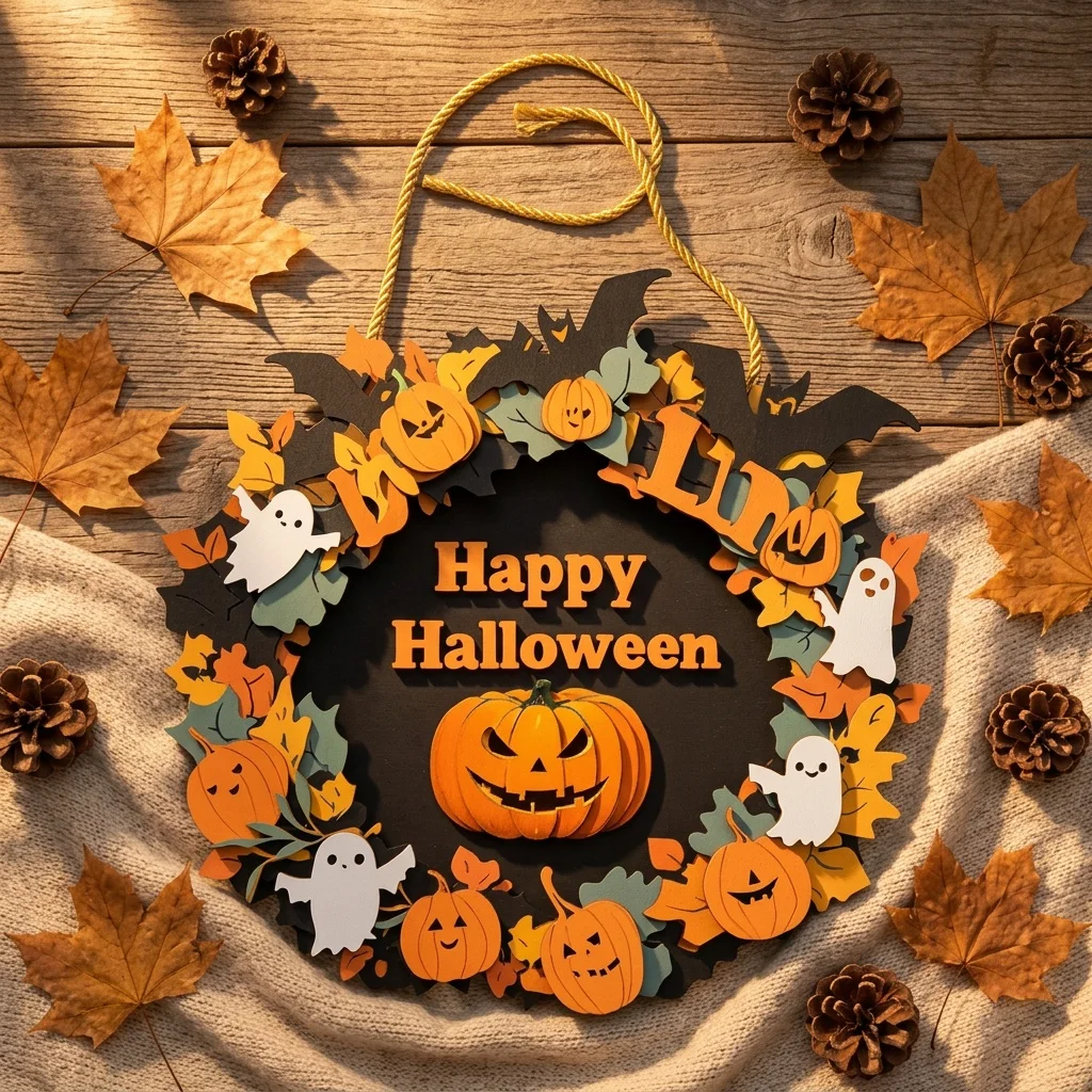 2D Flat Oversized Wooden Halloween Wreath - Black and Orange Fall Door Decor with Happy Halloween Text,Pumpkins,Ghosts, and Bats