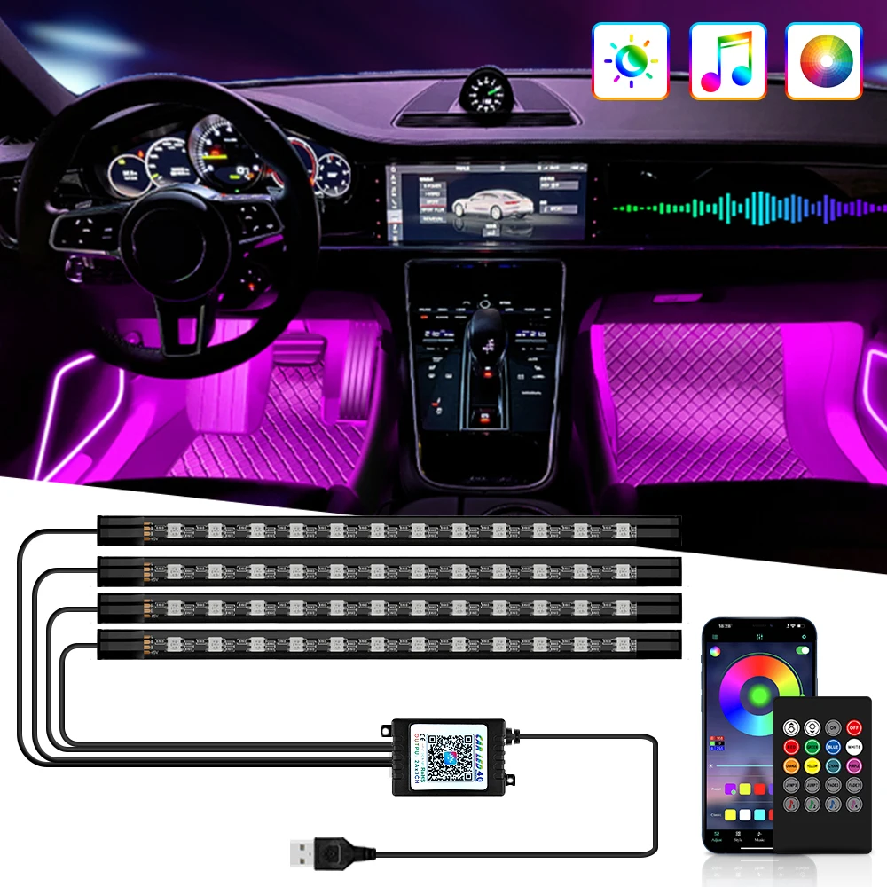 네온 36 48 72 LED 자동차 인테리어 주변 발 조명 USB 무선 원격 음악 APP 제어 자동 RGB 분위기 장식 램프 