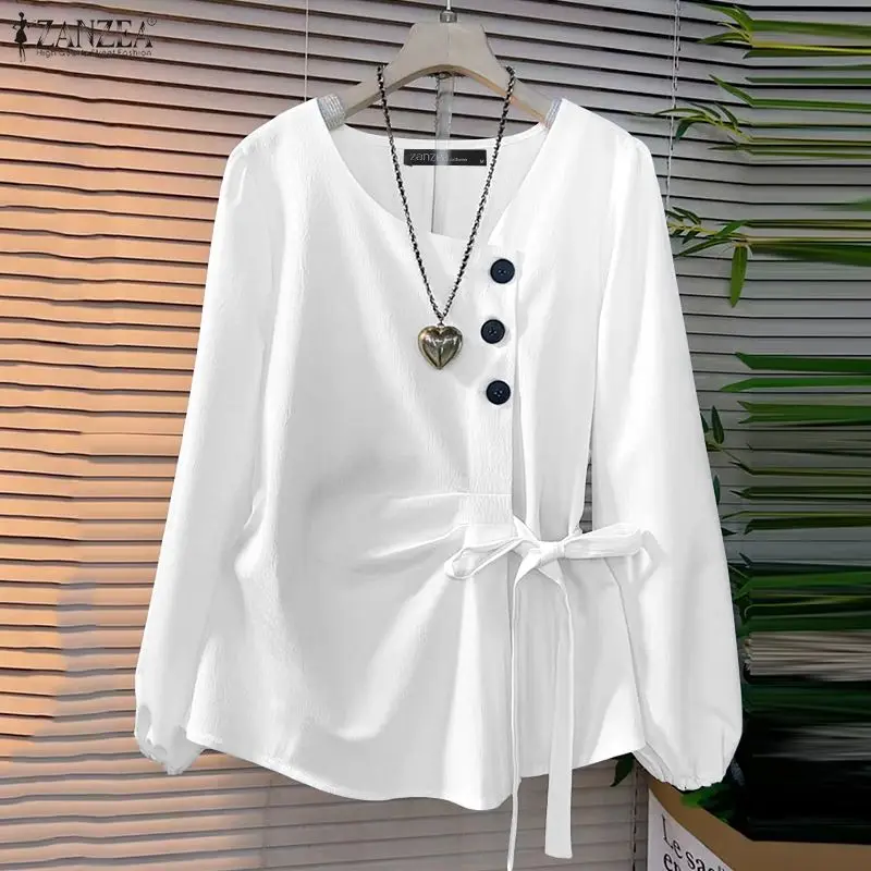 Zanzea camisas elegantes femininas manga longa moda botões blusa de cor sólida primavera bandagem escritório streetwear blusas topos 2026