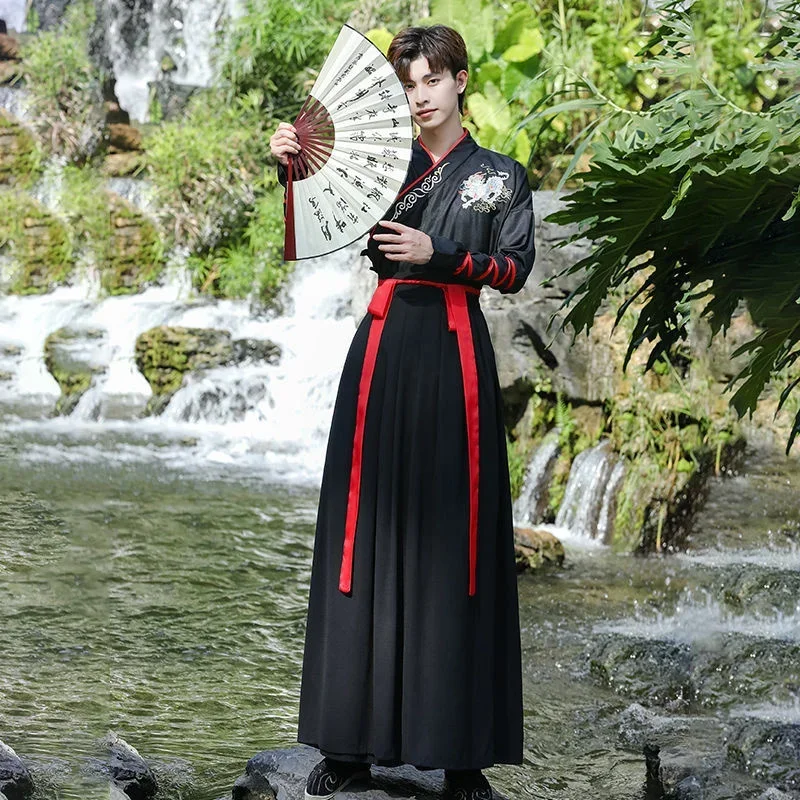 Vestido antigo hanfu chinês para homens, vestidos bordados tradicionais, estilo chinês, traje de cosplay de artes marciais, quimono uniforme estudantil