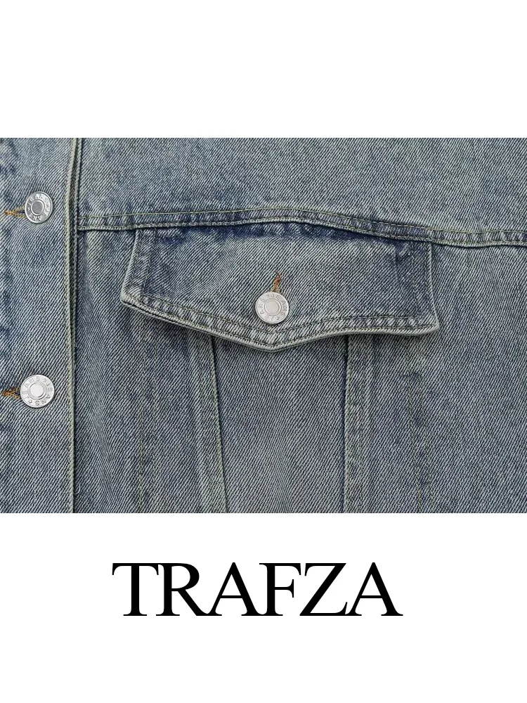 TRAFZA ฤดูใบไม้ร่วงผู้หญิงหลวมแขนยาวกระเป๋า DENIM แจ็คเก็ตหญิง Turn-Down COLLAR SINGLE Breasted High Street JACKET