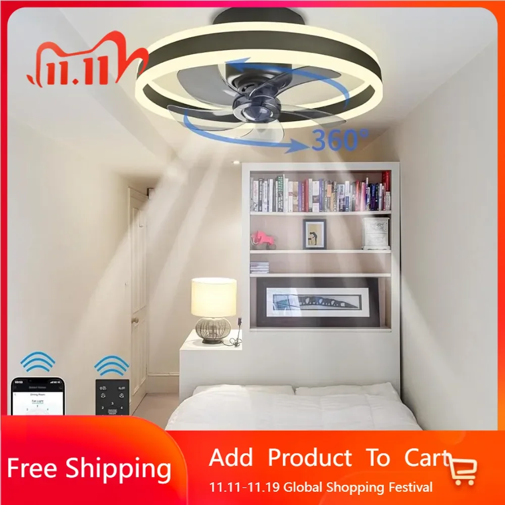 360 °oscillationlow profile ceiling fan with light remote control and APP Bluetooth control,20 inch silent bladeless ceiling fan