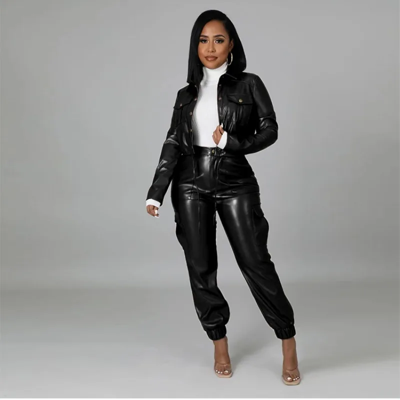 Autumn Winter Women Outfit 2-Piece Set Short Leather Jacket PU Leather Pants Pockets Cargo Sets Hot-Selling Slim Suit Streetwear