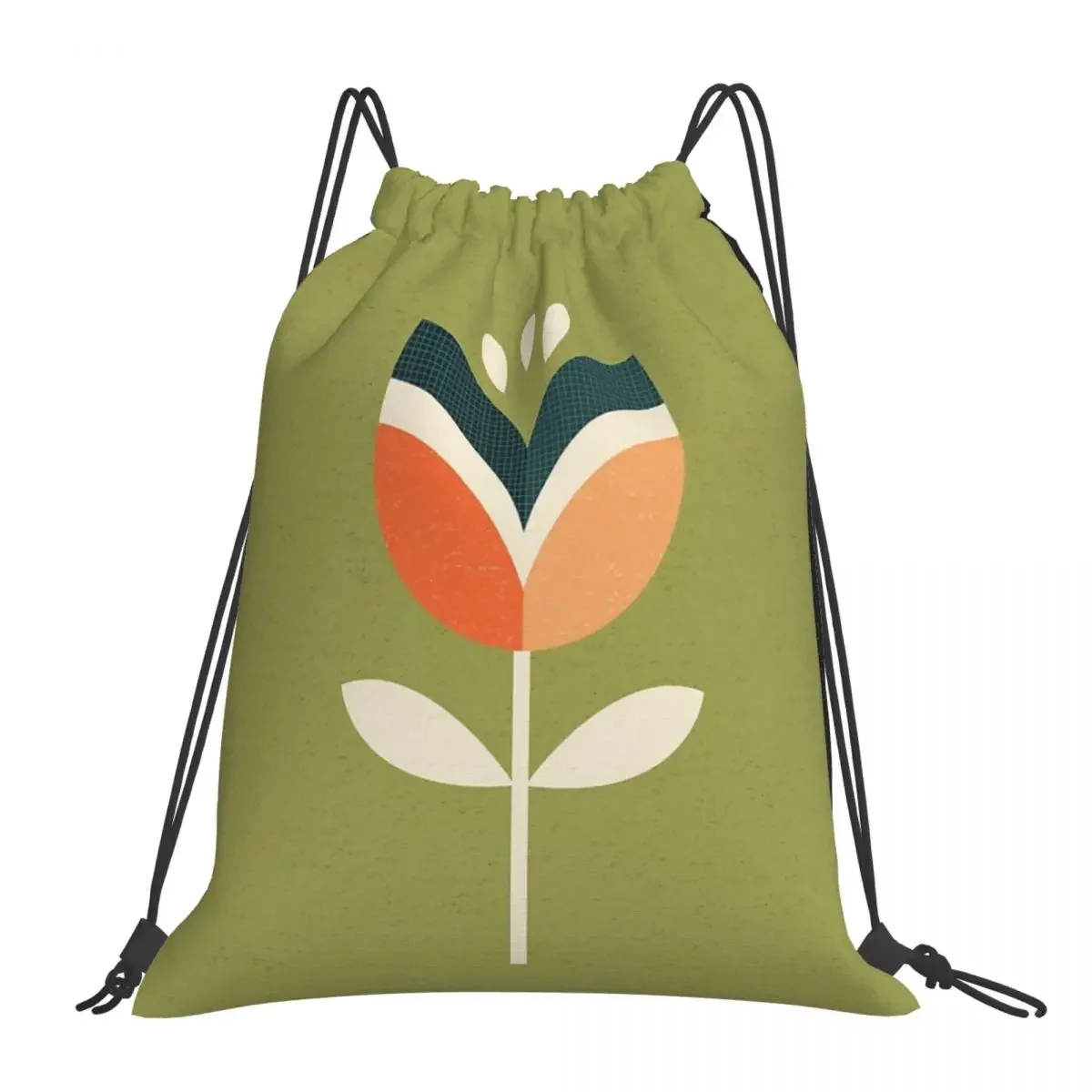 Retro Tulip - Orange And Olive Green Backpack Portable Drawstring Bags Drawstring Bundle Pocket Shoes Bag For Travel Students