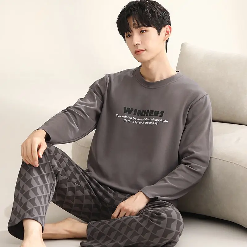 2024 Autumn Long Sleeve 100% Cotton Pajamas Sets for Men Korean Loose High Quality Sleepwear Pyjamas Male Homewear Home Clothes