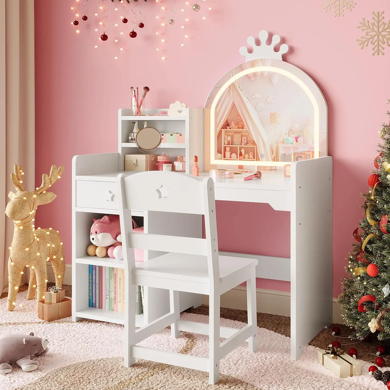 Kids Vanity Set with Lighted Mirror, 2-in-1 Princess Toddler Vanity Table & Chair Set with Open Bookshelf, Storage Cabinet & Shelves, for Little Girls view 2