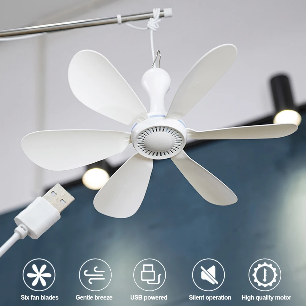 6 Leaves 5V USB Ceiling Fan Air Cooler USB Powered Hanging Tent Hanger Fans for Camping Outdoor Dormitory Home Bed