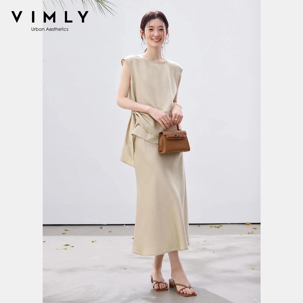 

VIMLY Women's Lyocell Casual Two-Piece Set 2026 Summer New Sleeveless Sash Tie Waist Top Maxi Skirt Set Minimalist Outfit A5167