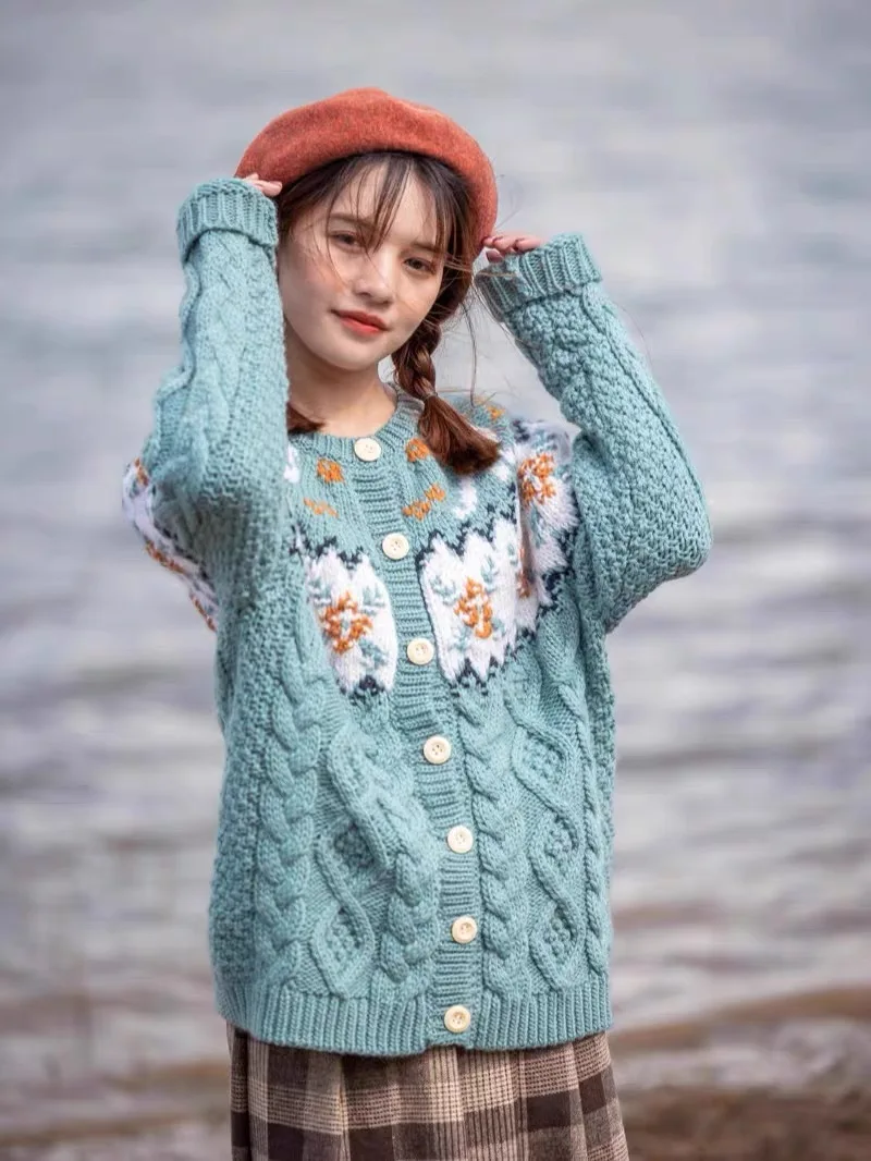 102cm Bust Autumn Winter Women Fair Isle Icelandic Handknit Vintage Handmade Thick Warm 100% Wool Sweater Coat Cardigans