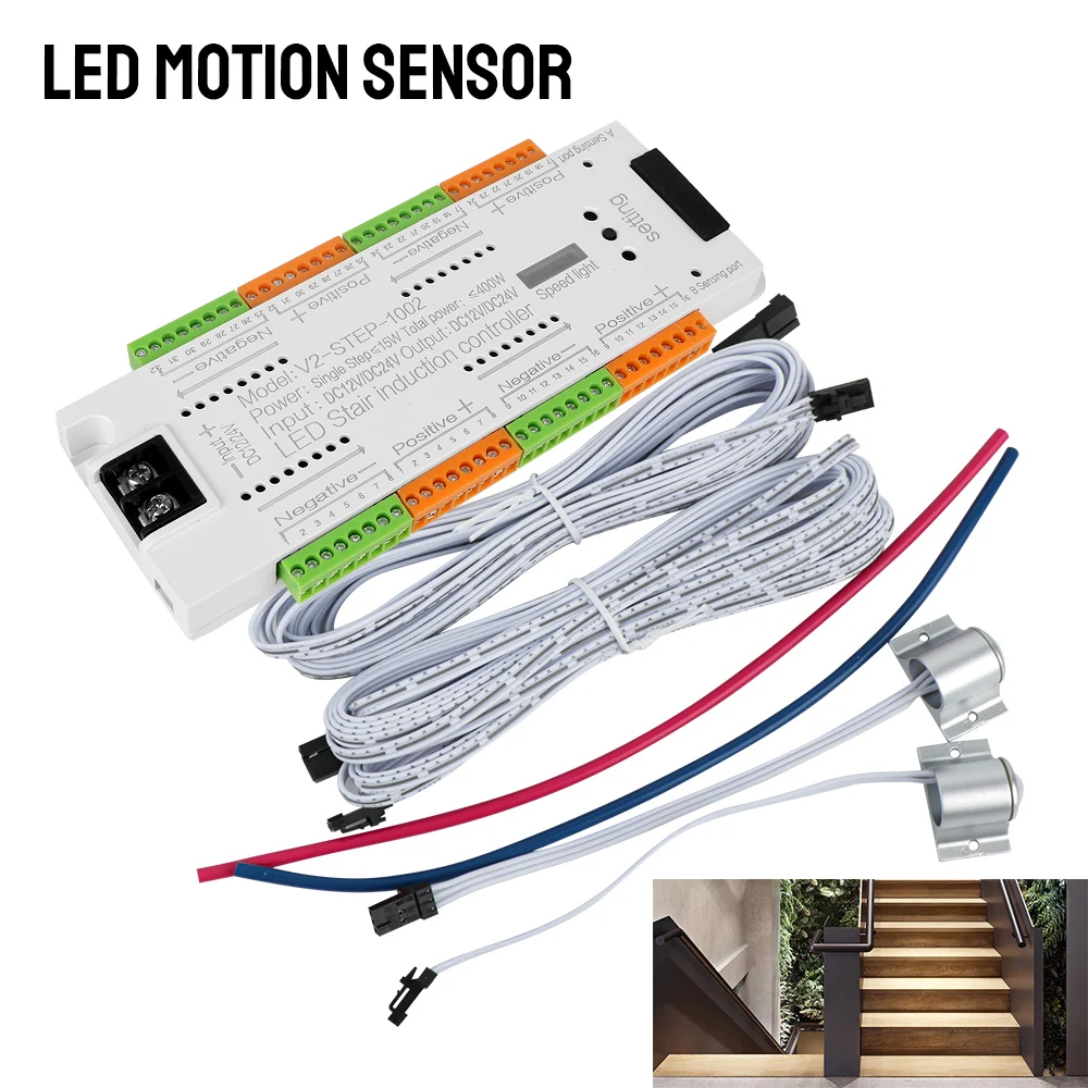 Zestaw kontrolera oświetlenia schodowego Oświetlenie schodów 32 kanały do schodów Elastyczny pasek Automatyczny czujnik ruchu LED DC 12 V 24 V