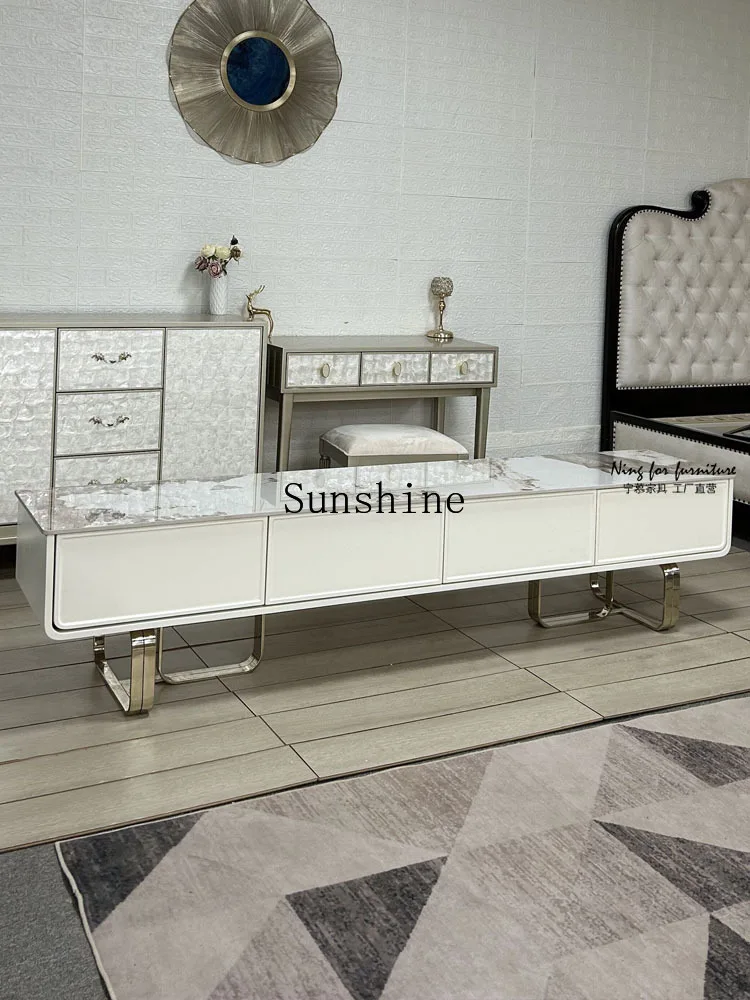Italian light luxury, rock slab TV cabinet, living room floor stainless steel audio-visual storage, villa drawers