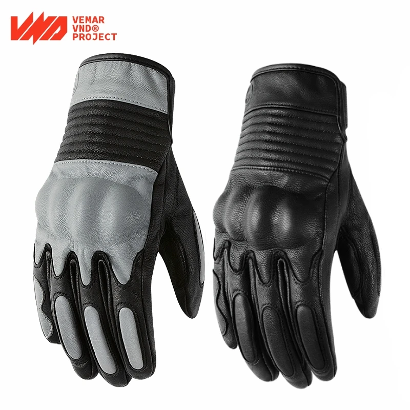 

VND Motorbike Retro Genuine Leather Riding Gloves Two Finger Touch Screen TPR Shell Anti Drop Men Motorcycle Gloves S-2XL