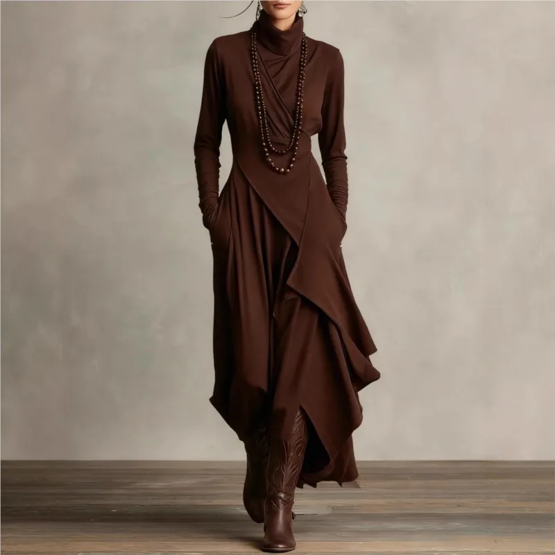 Asymmetrisches Kleid mit Vintage-Tasche für Damen, langärmelig, einfarbig, Rollkragen, minimalistisch, Retro, lässig, Herbst, lange Kleider 2026