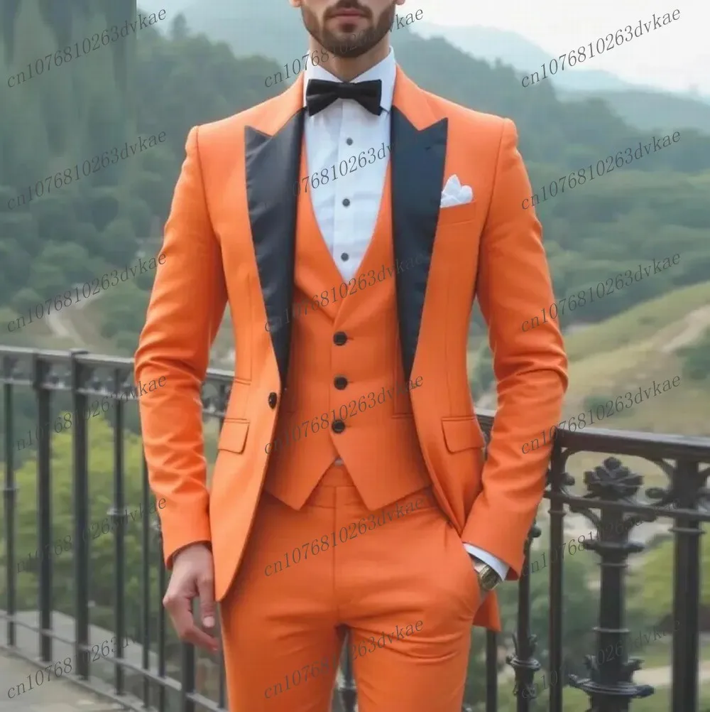 

Black Collar And Orange Men Suit Wedding Party Formal Groom Groomsman Prom Business Male Tuxedos 3 Piece Set Jacket Vest Pants