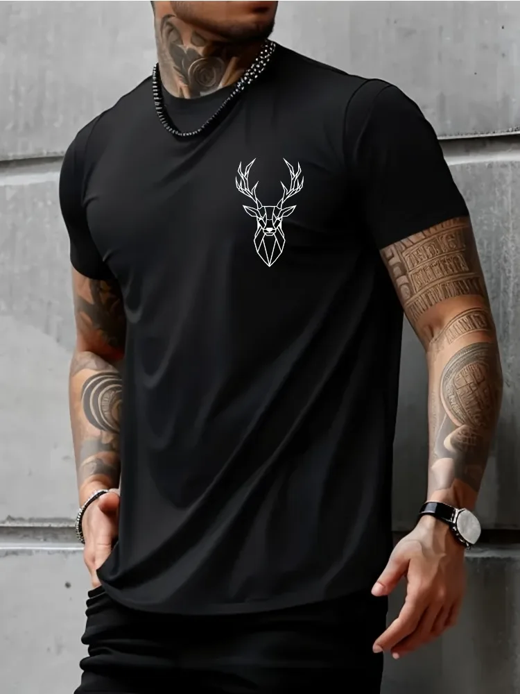 2026 Summer Best-selling Men's Pure Cotton T-shirt Street Casual Fashion Soft and Breathable Simple Deer Pattern Print