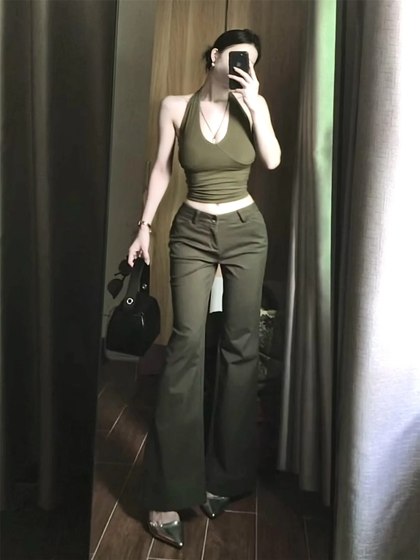 

Extended Length plus Size Military Green Low Waist Bell Bottom Jeans Women Slimming Design Spring Autumn Casual Cotton Denim