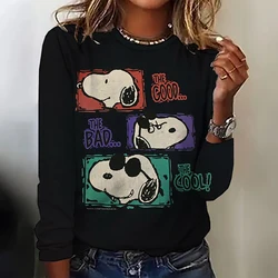 MINISO Fashion Women's T-shirt Snoopy Printed Long Sleeve Women's Harajuku T-shirt Extra Large Round Neck Top Fun Women's Clothi