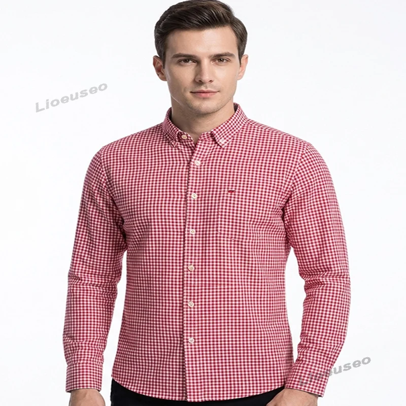 

100% Cotton Oxford Shirts For Men's Long Sleeve Plaid Shirt Striped Male Business Tartan Red Shirt Social Mans Designer Clothes