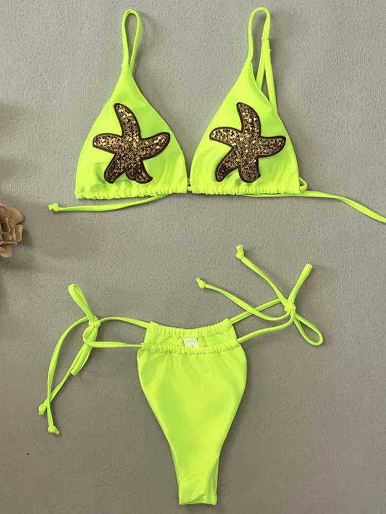 

2025 New Sexy Low Waisted Bikini Set Swimsuit Starfish Swimwear Women Solid Strappy Beachwear Bathing Suits Brazilian Biquini