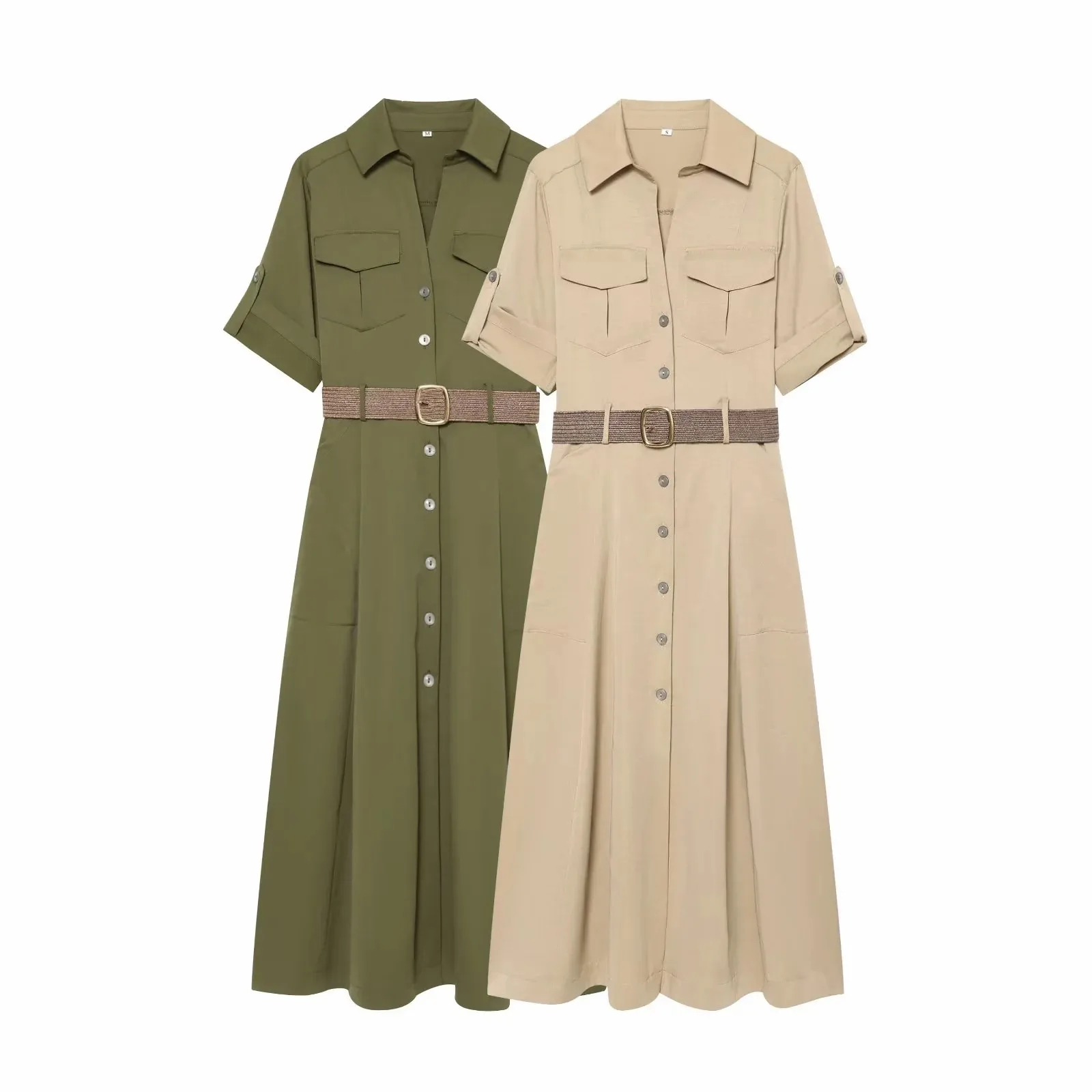 Damen Sommer Hemdkleid Damenmode 2026 Einreihiges Gürtel-Maxikleid Vintage Kurzarm Lässige Damenkleider – Detail 2