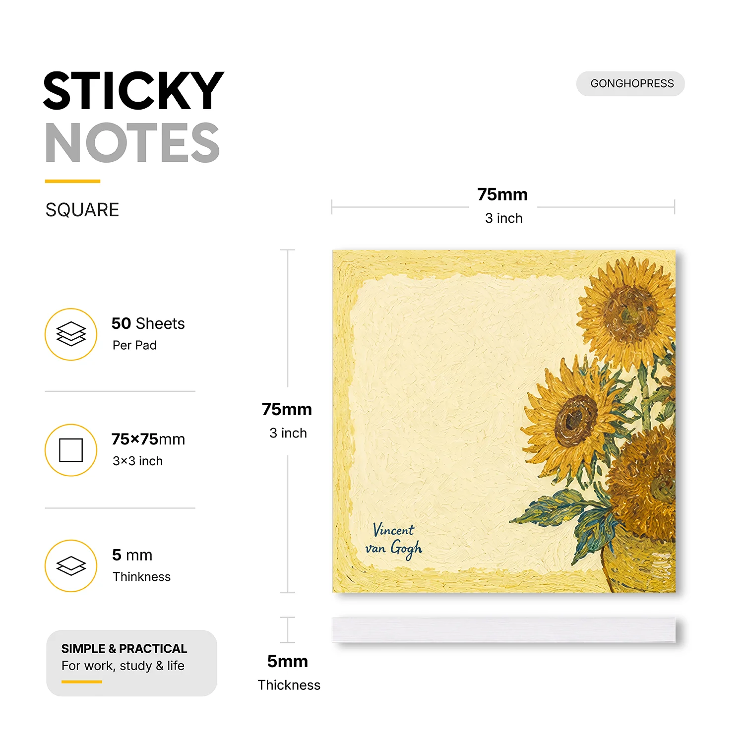 2 Pcs 100 Sheets Total Van Gogh Inspired Sunflower Sticky Notes, Vintage Oil Painting Style Memo Pads, Floral Self-Adhesive