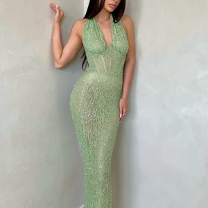 Sexy Deep Halter Cleve in V sequins Maxi Women's Dress Green Dress Without Sleepless Snacks Slots 10 Main Sales Long Green Dress - №9