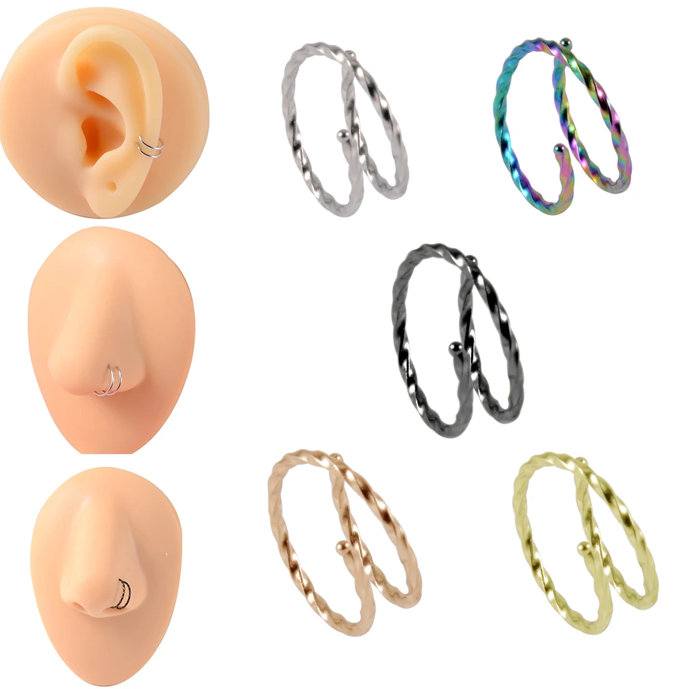 1Pcs Stainless Steel Bendable Double Nose Lip Hoop Ring Septum Clicker Ear Cartilage Tragus Helix Piercing Body Jewelry 20g