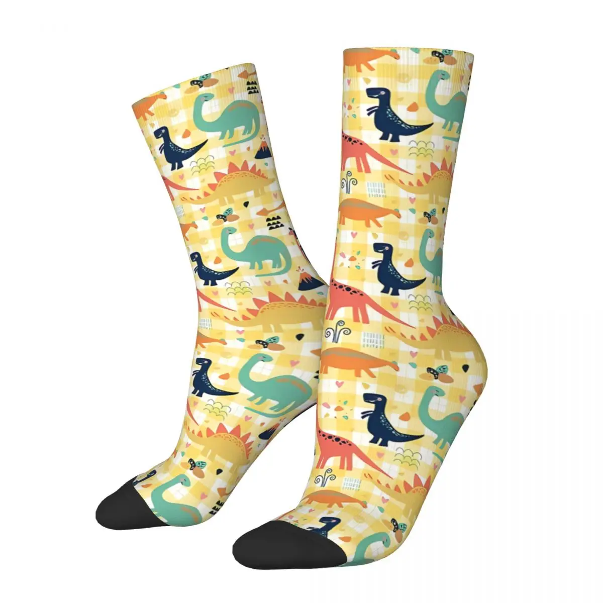 Retro Dinosaurs And Yellow Plaid Men's Socks T. Rex Dinosaurs Unisex Hip Hop Seamless Printed Funny Crew Sock Gift