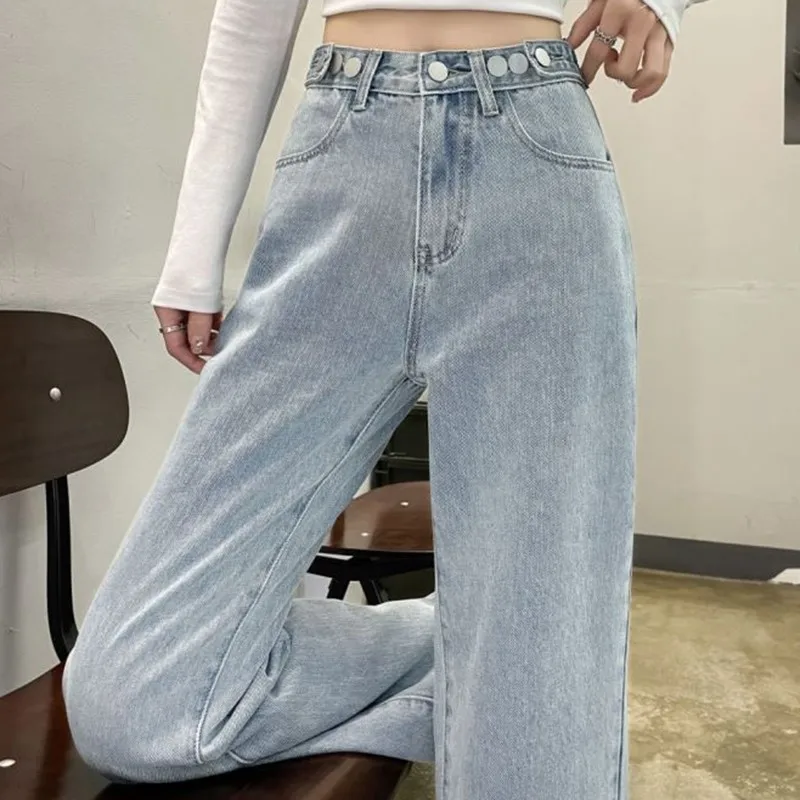 High Waisted Denim Jeans Wide Legged Loose Design Adjustable Waist Button Four Season Brand New Arrival Pants