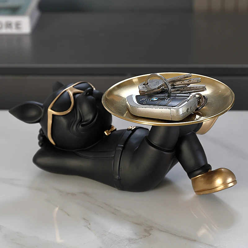 Cool French Bulldog Figurine With Metal Tray Resin Dog Statue Key Candy Storage Tray Home Table Decor Gift