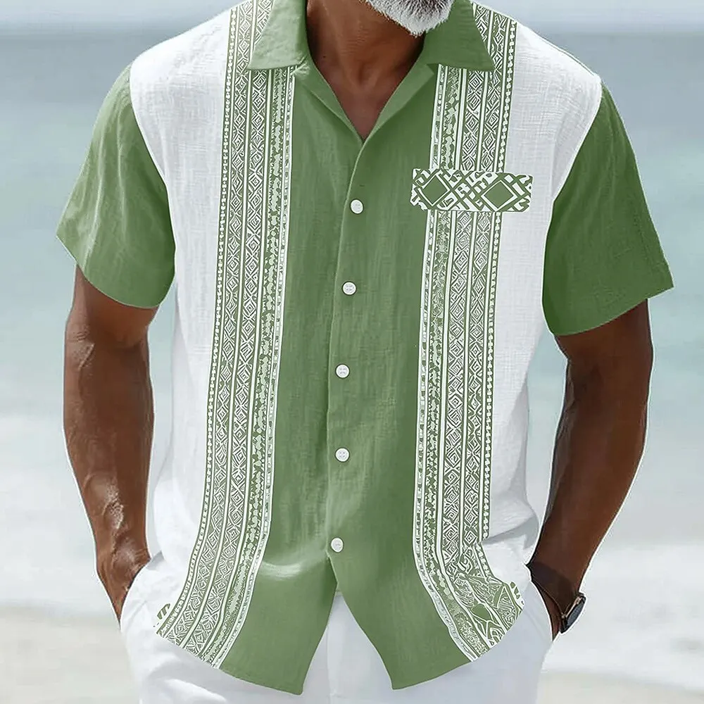 Men's Turndown Collar 3D Print Guayabera Shirt Ethnic Geometric Striped Vintage Short Sleeve Button Up Spring Summer Wear