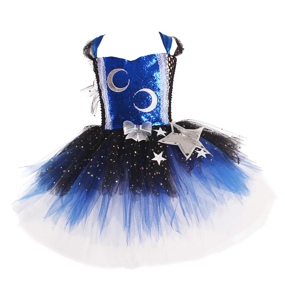 Atemberaubendes Glitzerndes Galaxy Chicas Tutu-Kleid Nachthimmel Sterne Mond Kinder Halloween-Kostüm Funkelndes Festkleid Gala-Party Ballkleid – Detail 10