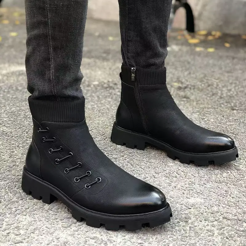 British fashion men's motorcycle boots cow leather shoes black platform ankle boot party nightclub dress cowboy botas masculinas