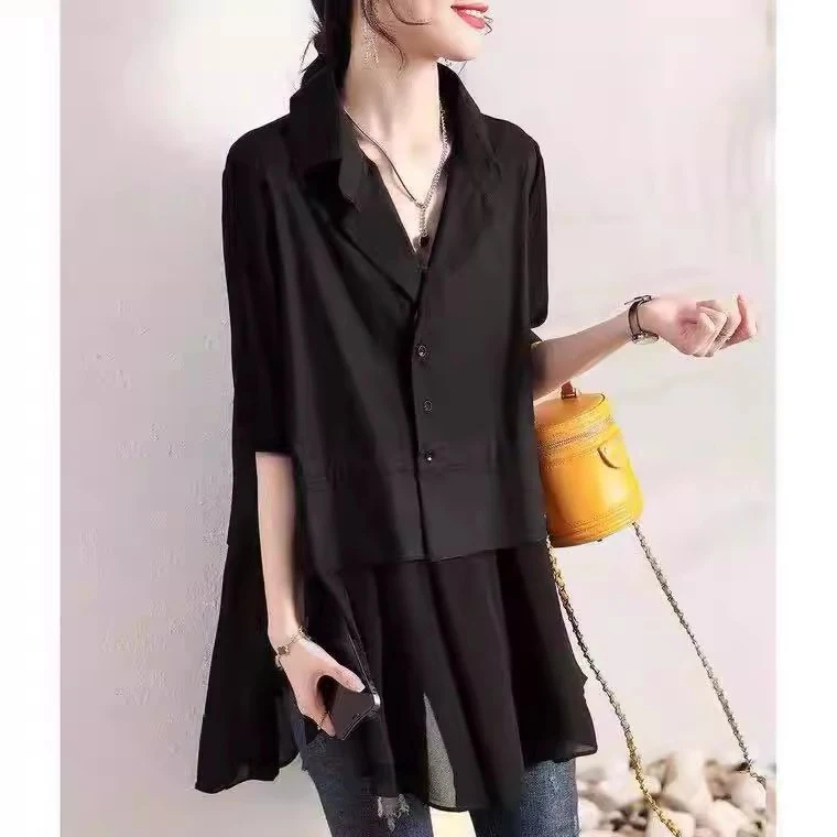 

Faionable Pure Color Blo Loose Fit irt Collar Top Women's plus Size Summer Casual Wear Commute Sle ort Sve