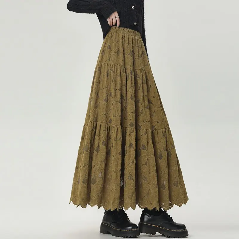 

Qiukichonson Midi Long Skirt Women Crochet Floral Lace Skirt 2025 Korean Vintage Autumn Winter High Waisted Pleated Skirts rok