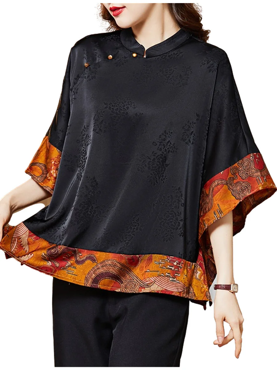 4XL Women Spring Summer Shirts Lady Fashion Casual Half Sleeve O-Neck Collar Silk Retro Printing Blusas Tops CT0598