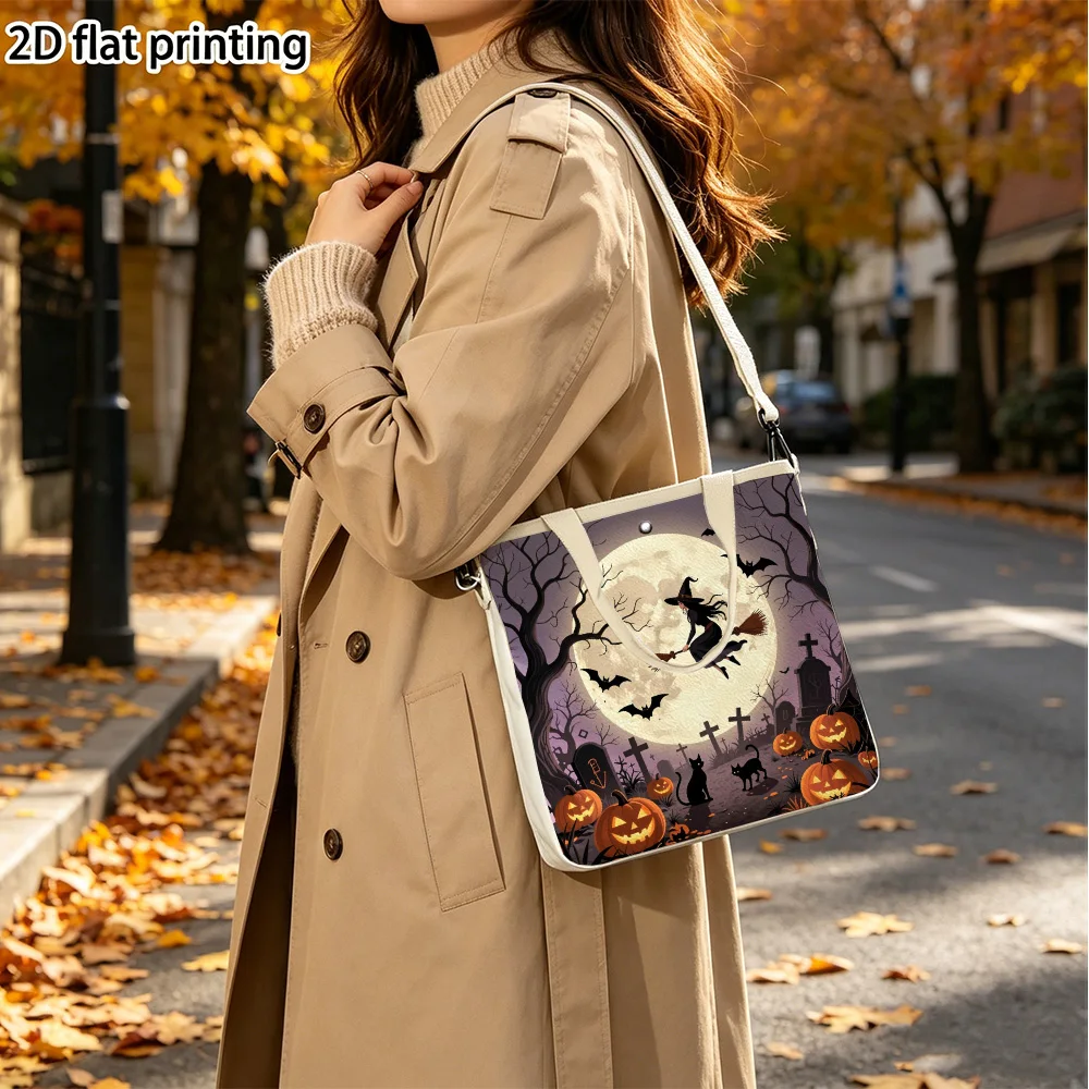 Witch flies moonlit night Double-Sided Printed Canvas Tote with Detachable Strap Crossbody Purse for the Weekend Outings