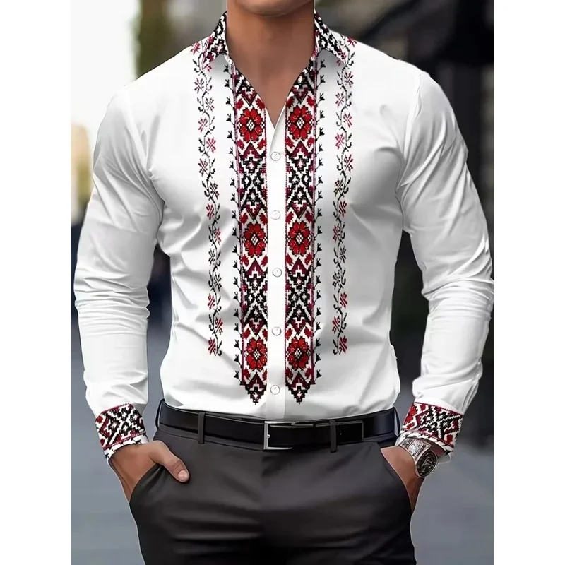 European retro ethnic floral print 3D men's long-sleeved shirt with turn-down collar and geometric design on placket and cuffs.
