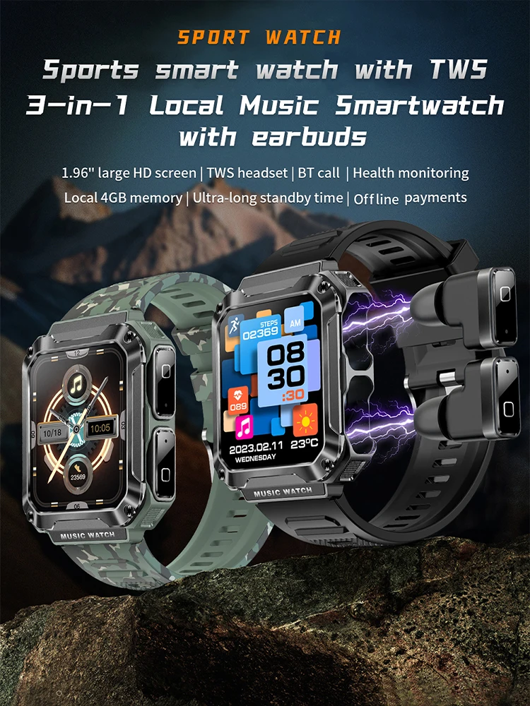 

T93 Smart Watch 3 in 1 TWS Earphones 4GB Large Memory Bluetooth Call 1.96 HD Screen Local Music Earbuds Sports Men Smartwatch