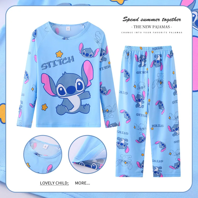 Spring Autumn Disney Stitch Kids Pajamas Cute Anime Cartoon Angel Kawaii Home Two Piece Set Soft Pajama Pants Boys Girls Gifts