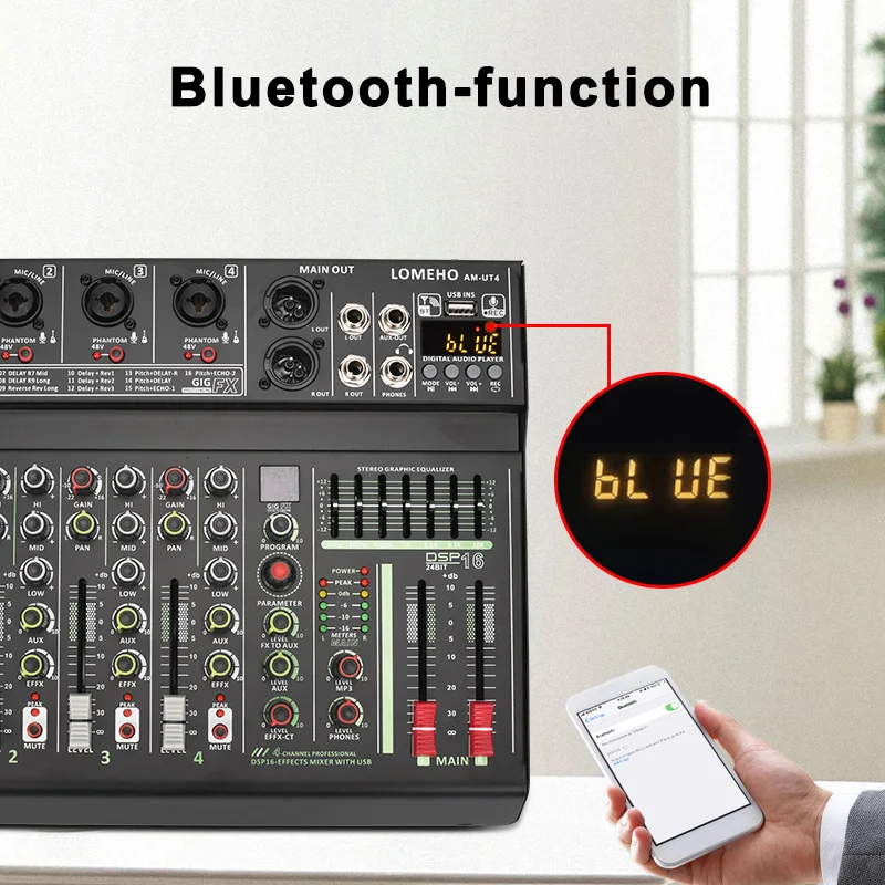 LOMEHO 4 Channel Mono Audio Mixers 7 Band EQ 16 DSP Effect Bluetooth Mixing Console 48V USB Record Sound Table Karaoke AM-UT4