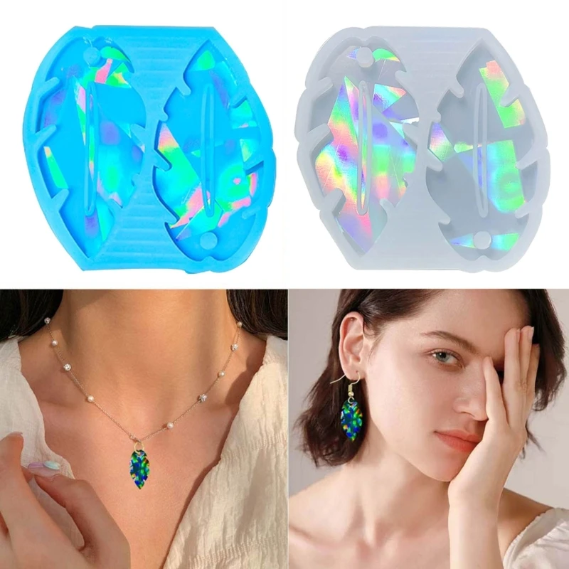 DIY Holographic Leaf Shape Earrings Silicone Mold with Hole Women Keychain Necklace Pendant Charms Ornament Epoxy Resin Mould